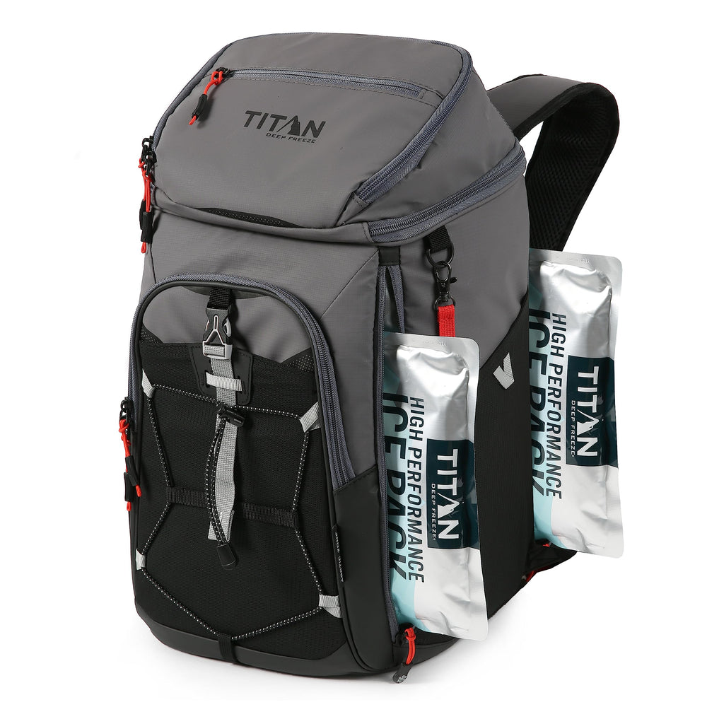Titan Deep Freeze Ice Wall Backpack Cooler front view shows 30-can capacity for adventures.