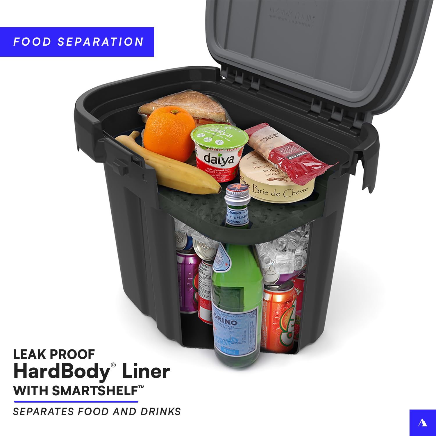 Removable SmartShelf inside Titan cooler separating soft and hard items