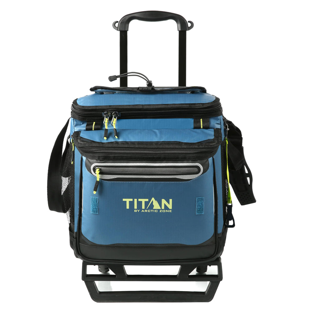 Titan Deep Freeze wheeled cooler front-compartment keeps essentials accessible.