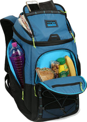 Titan Guide Series Microban protection label visible on blue backpack cooler for odor control.