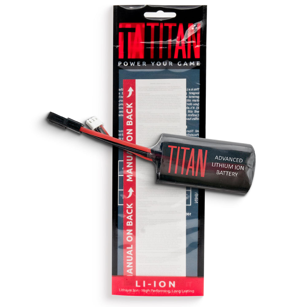 Titan Lithium-Ion Airsoft Battery 7.4V front view; compact brick design with reliable power.