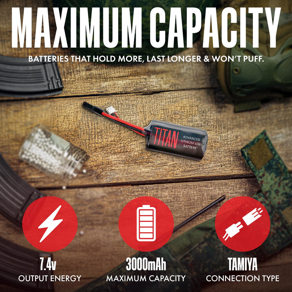 Titan Lithium-Ion Airsoft Battery 7.4V side connectors for quick field swaps.