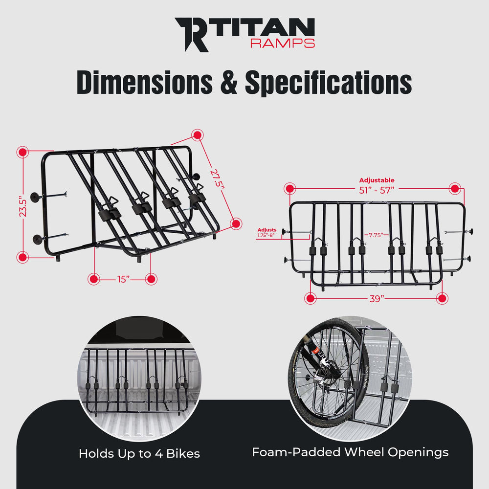 Adjustable width on Titan Ramps rack from 51 to 57 inches.