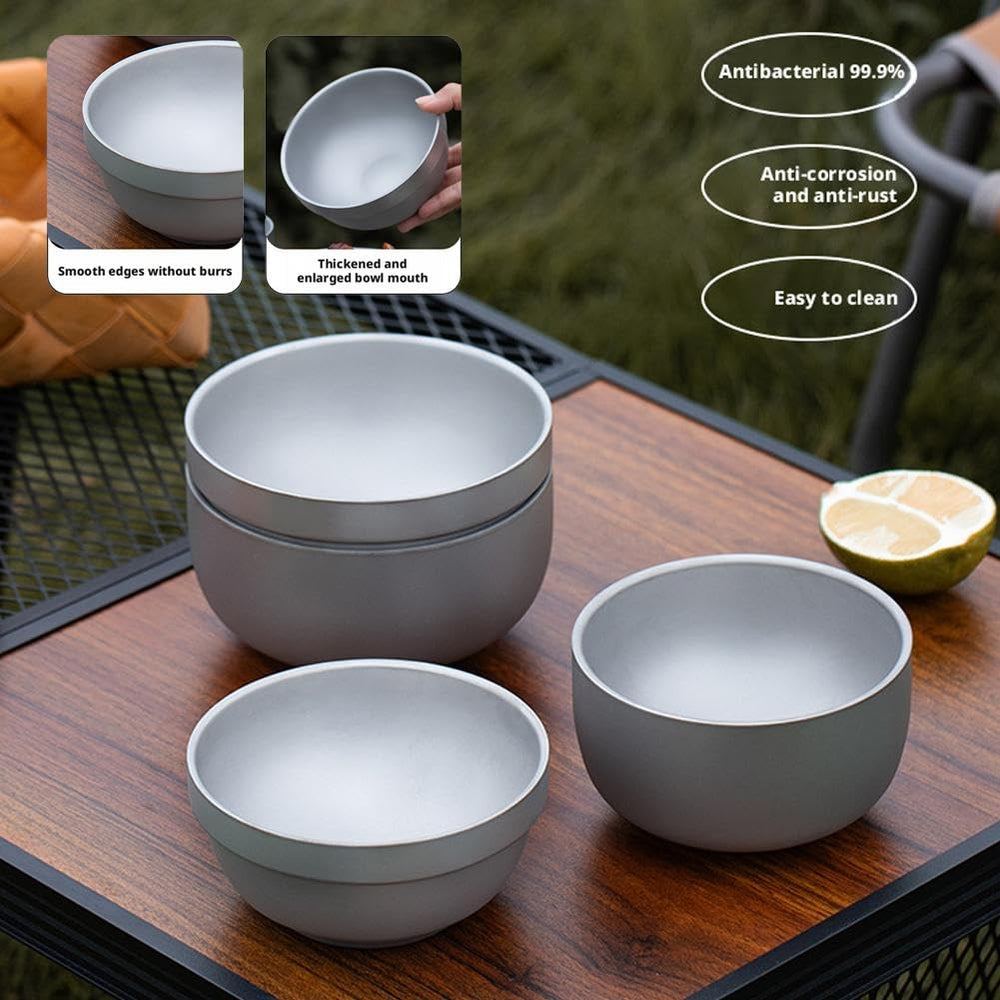 Titanium Bowl compact stackable design beside cookware for space-saving camping