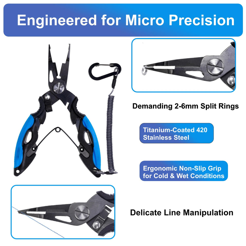 Titanium coated micro fishing pliers compact design fits lightweight tackle boxes.