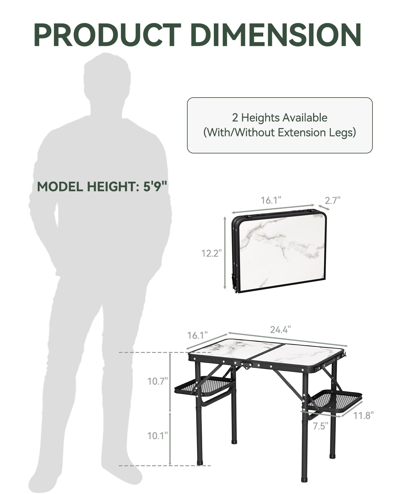 Titanker folding camping table folded-dimensions show compact storage and portability.