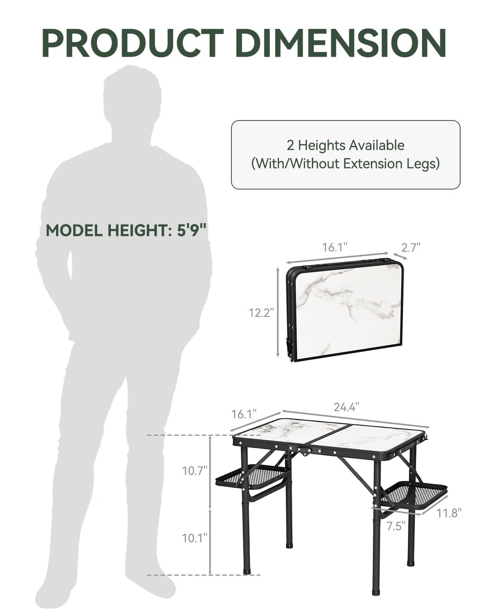 Titanker folding camping table folded-dimensions show compact storage and portability.