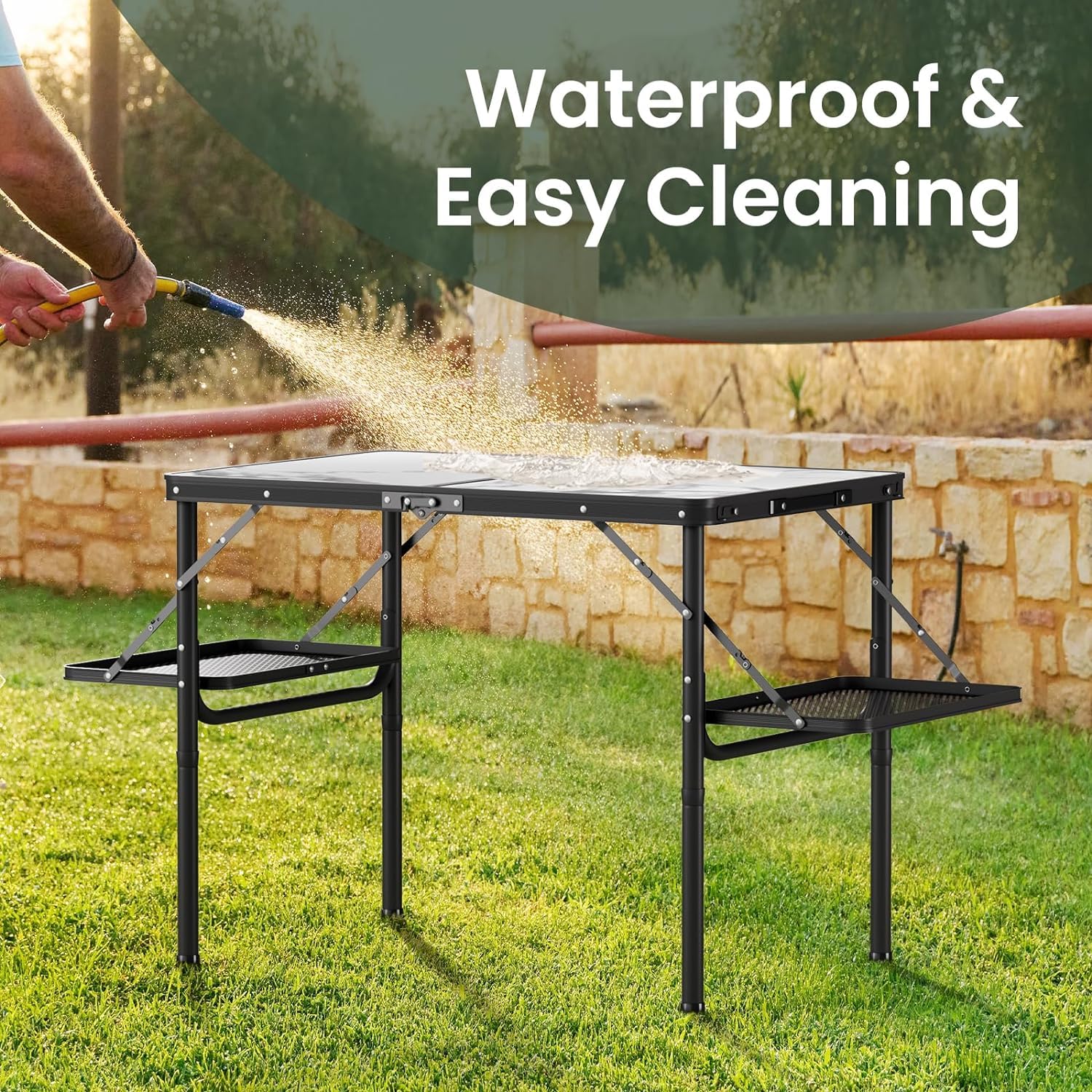 Titanker folding table weighs 12 lbs for portable camping and RV trips.