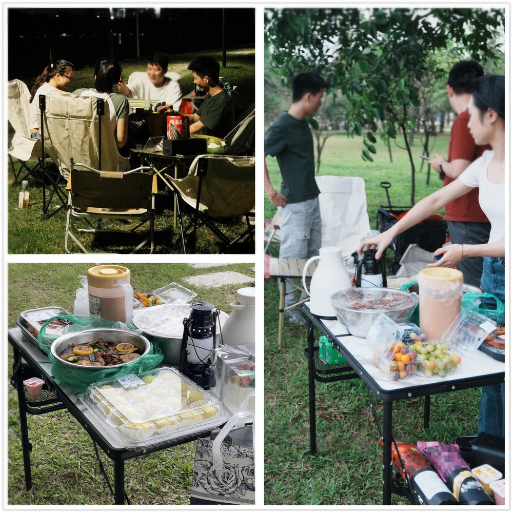 Titanker folding camping table with side wings increases working surface during meals.