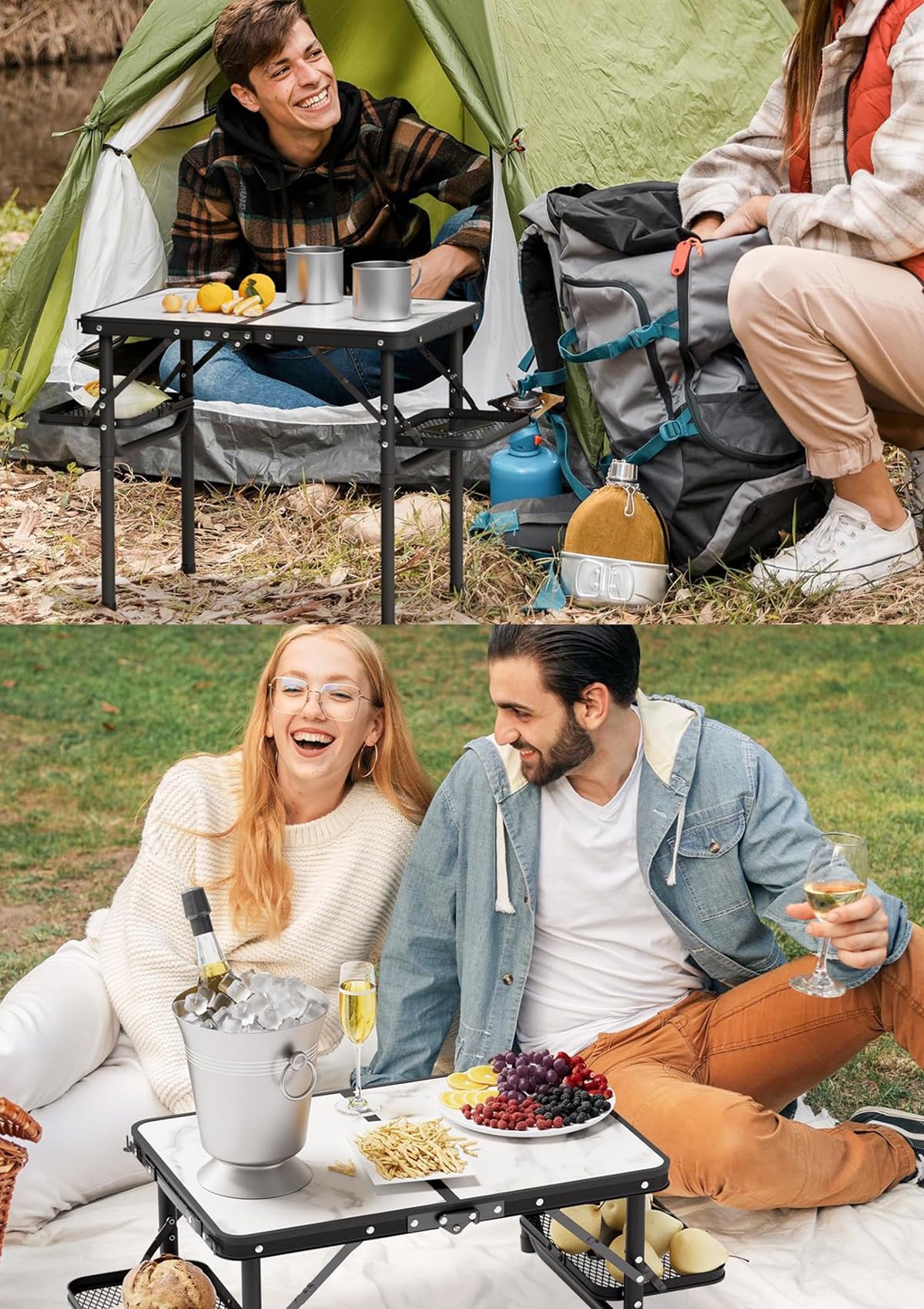 Titanker folding camping table-wings-extended demonstrates extra space for meals and gear.