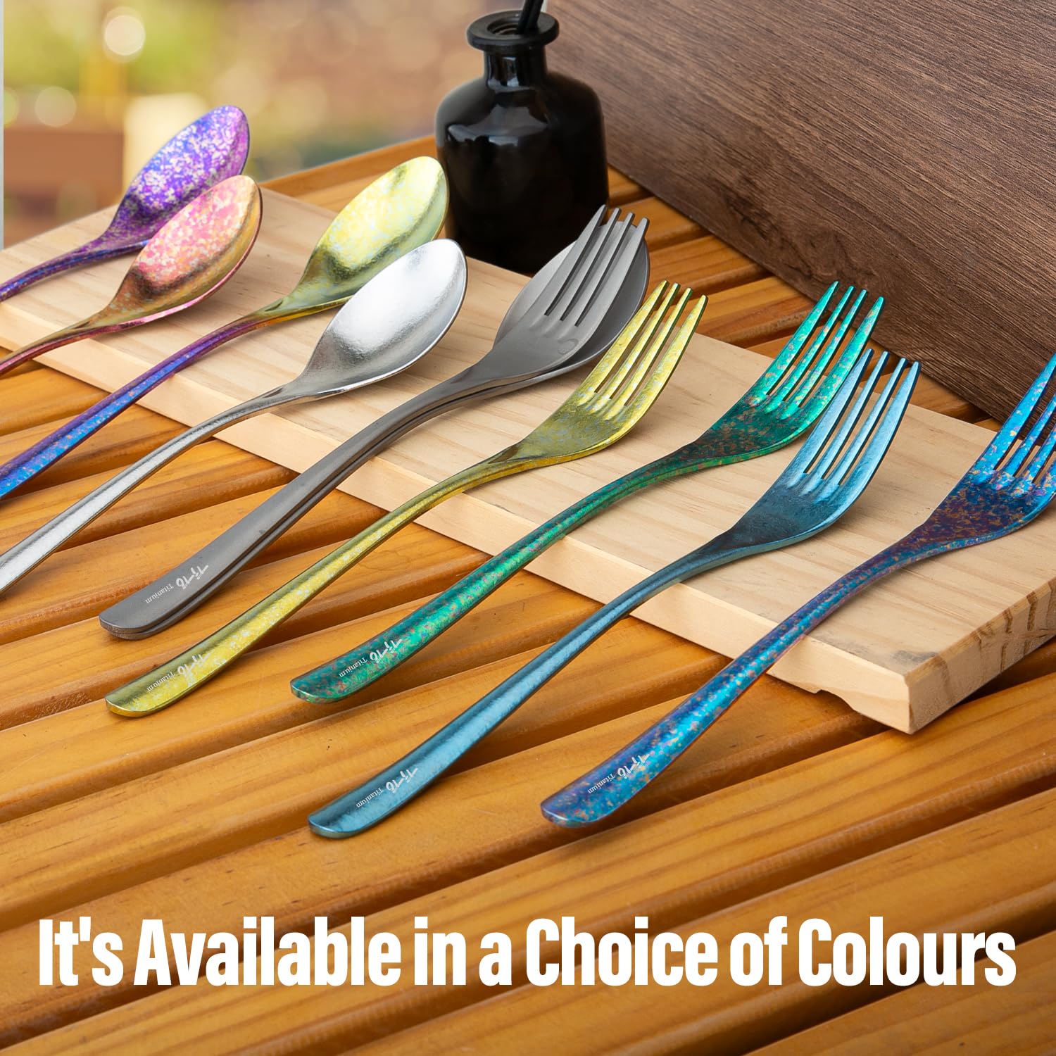 TiTo titanium cutlery on camping table, ultralight design ideal for portability.