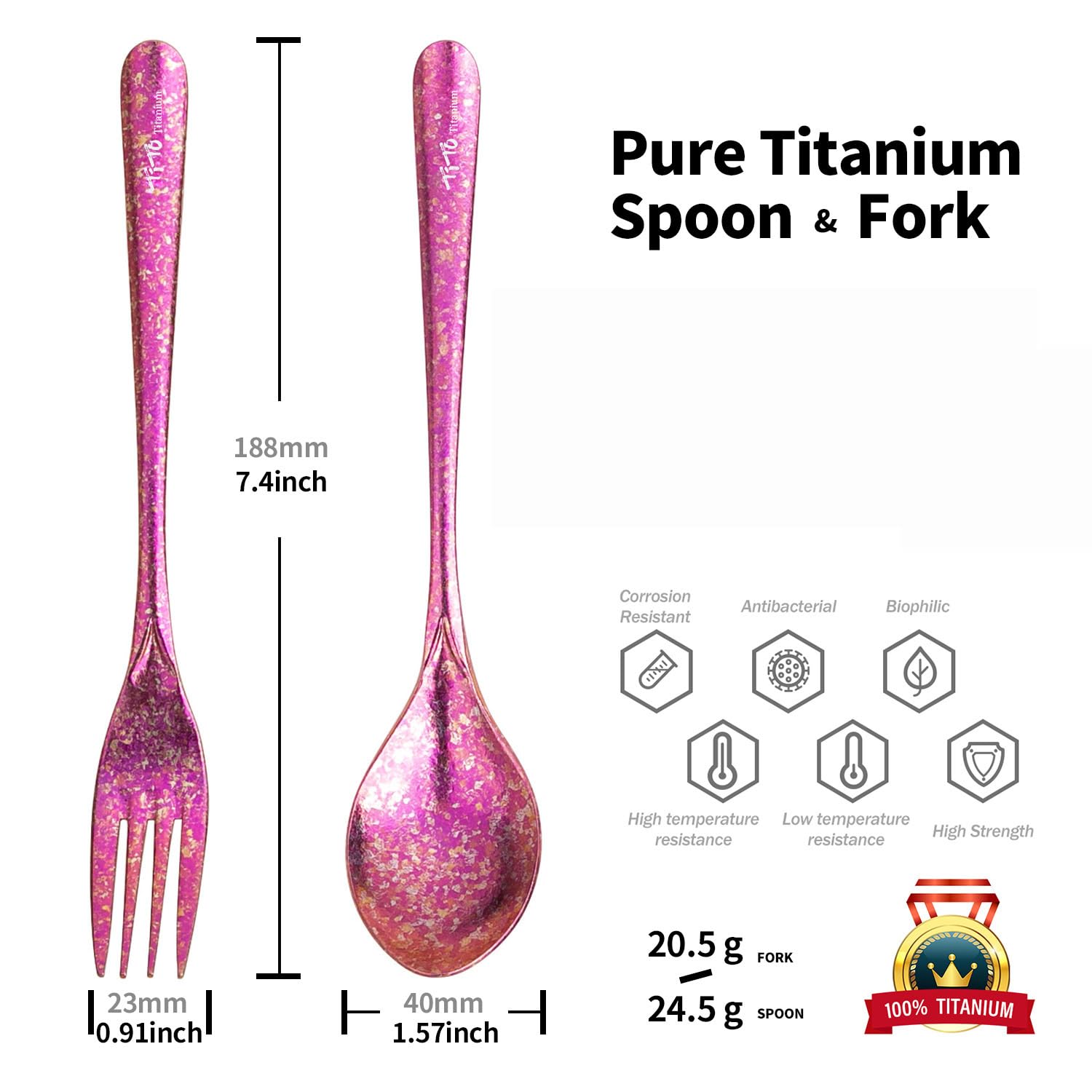 TiTo titanium fork with heart shape in rose red, comfortable grip for home and travel.
