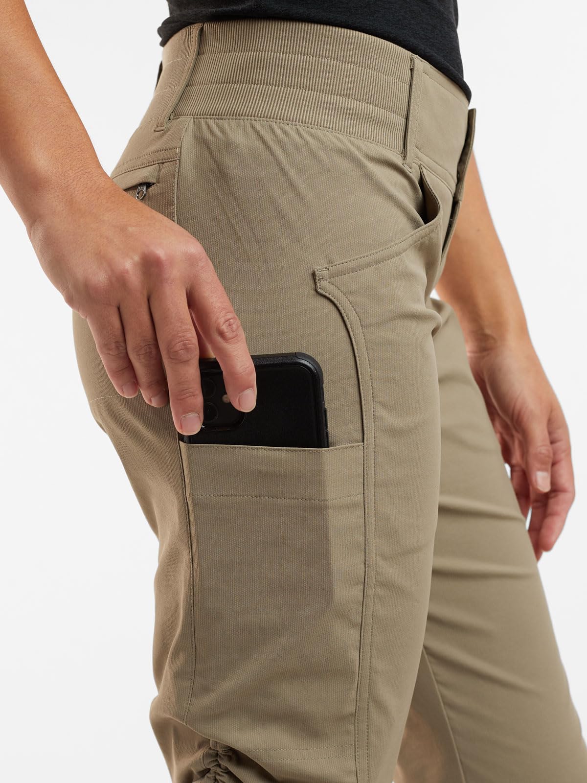 Title Nine Recycled Clamber 2.0 pants cinch system closeup enables adjustable length