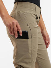 Title Nine Recycled Clamber 2.0 pants cinch system closeup enables adjustable length