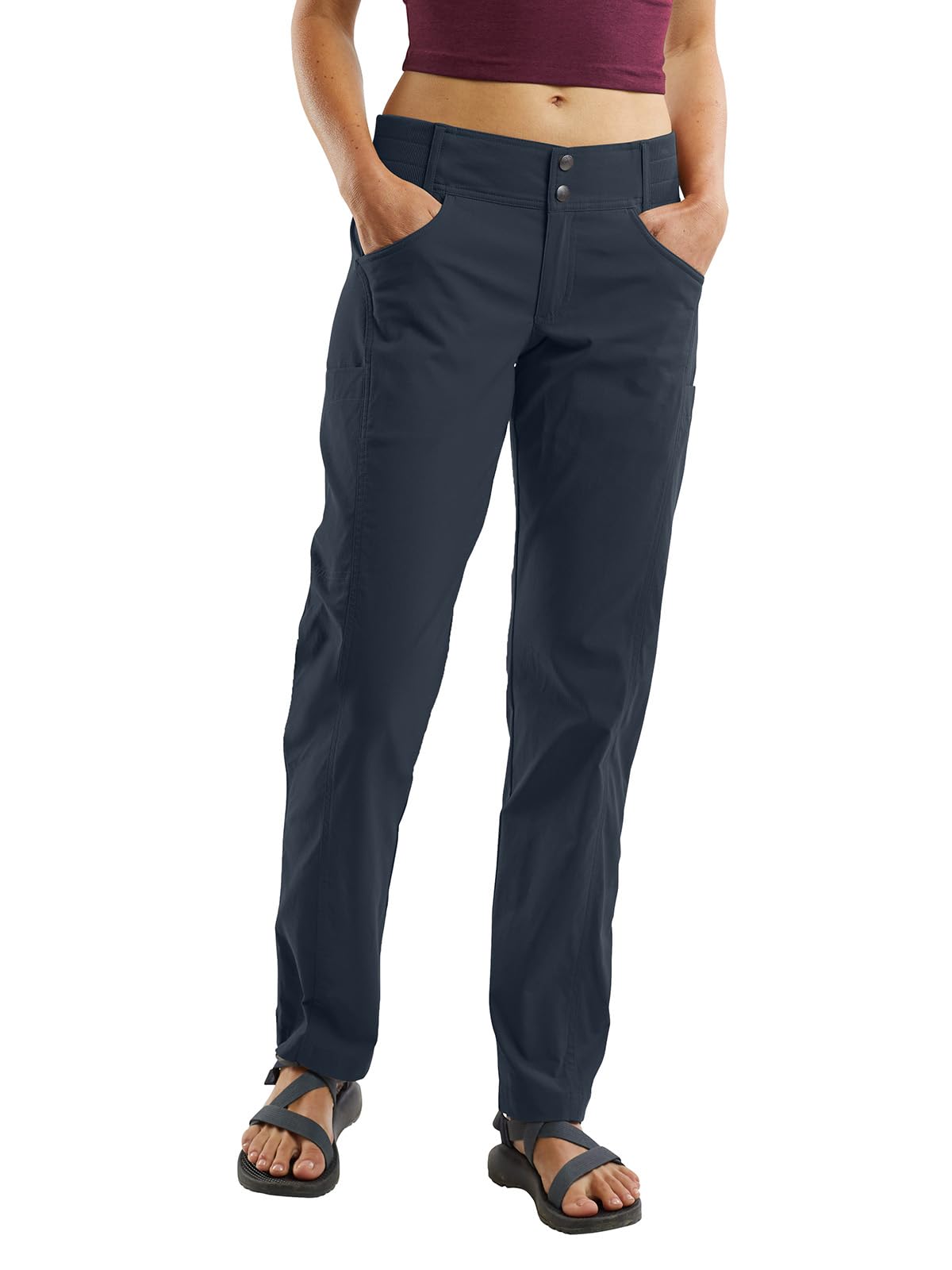 Title Nine Recycled Clamber 2.0 pants indigo front view for hiking comfort
