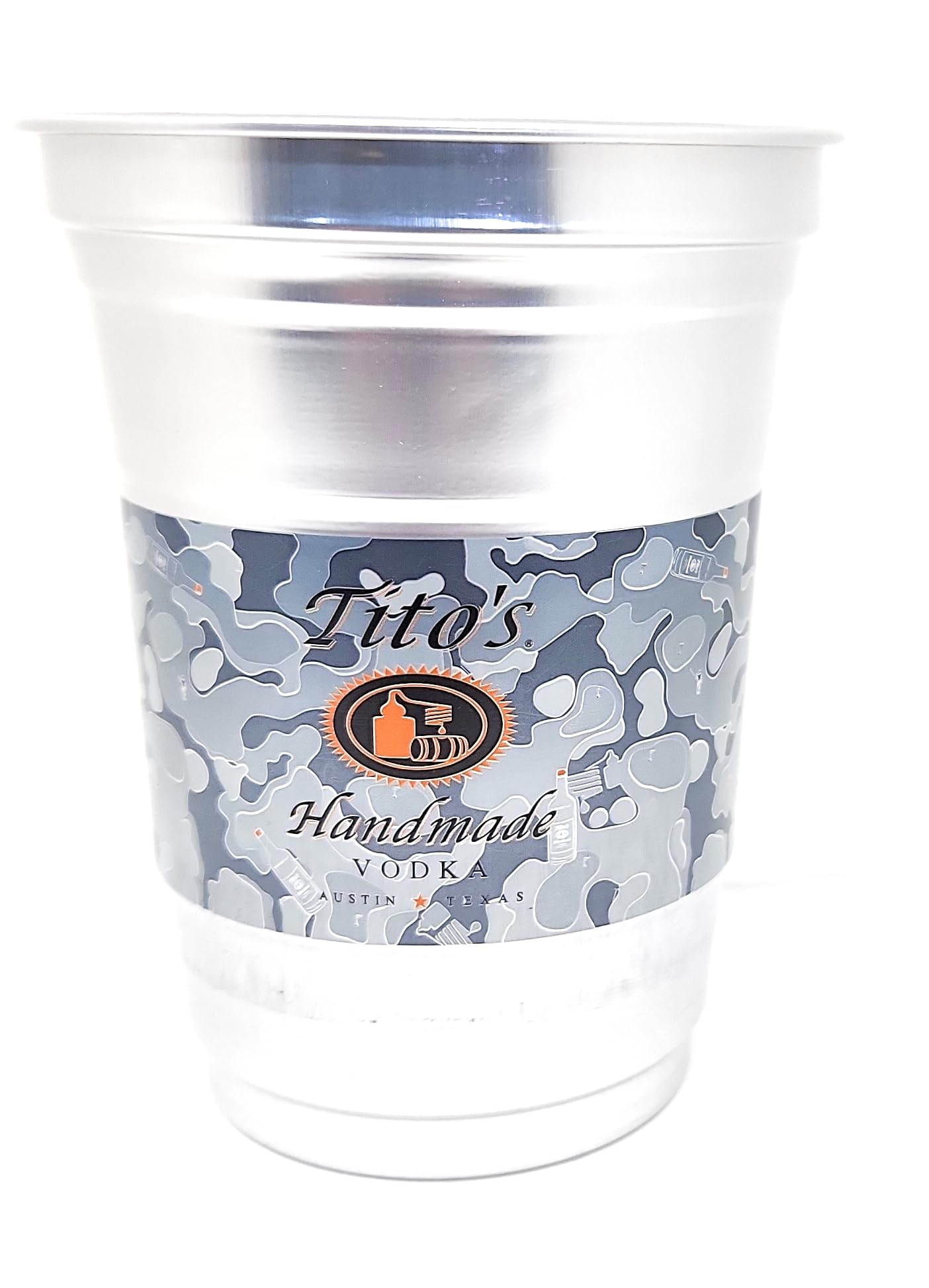 Tito's Aluminum Cup 16 oz, lightweight and reusable for casual gatherings.