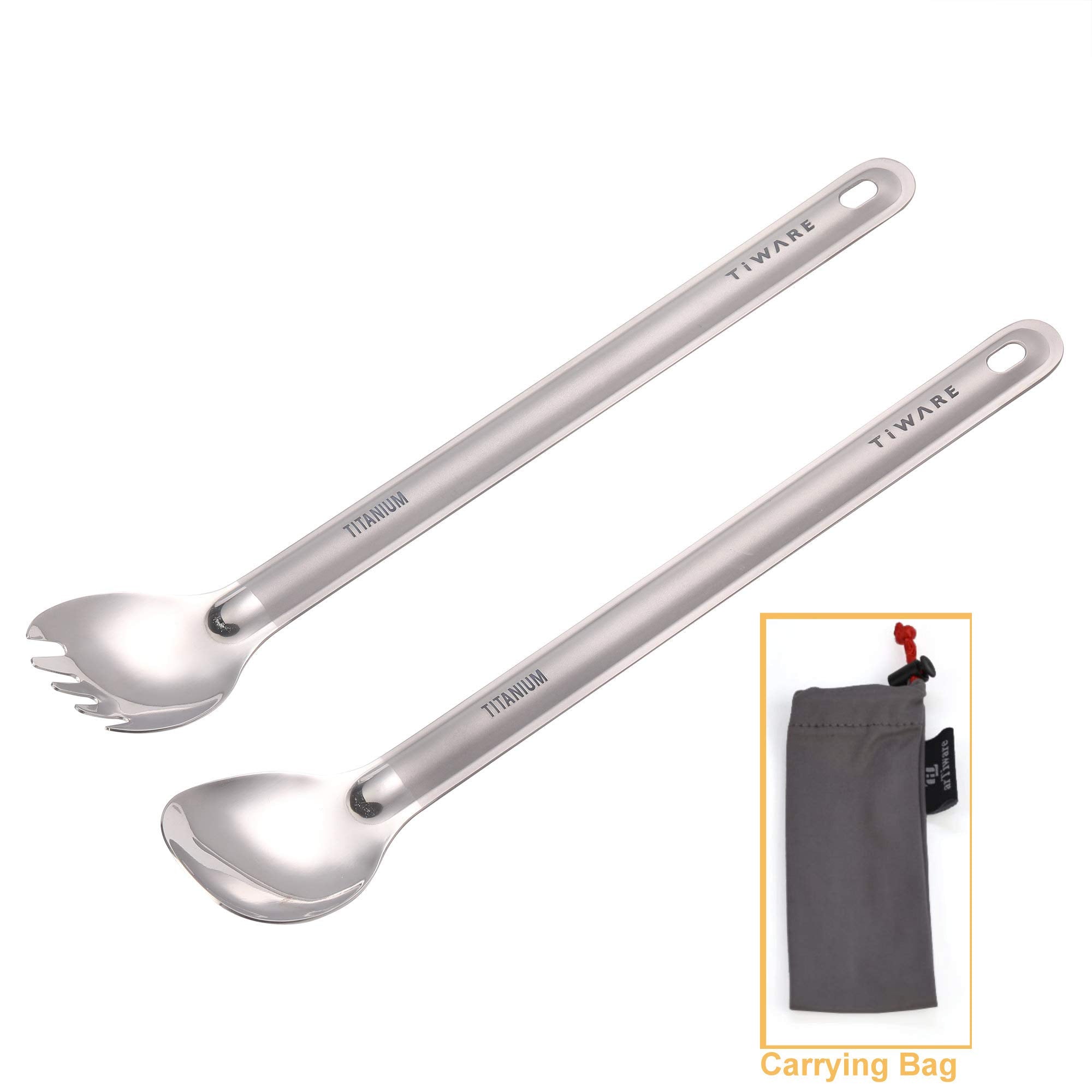 Tiware titanium long-handle spork 2-in-1, combining fork and spoon for outdoor meals.