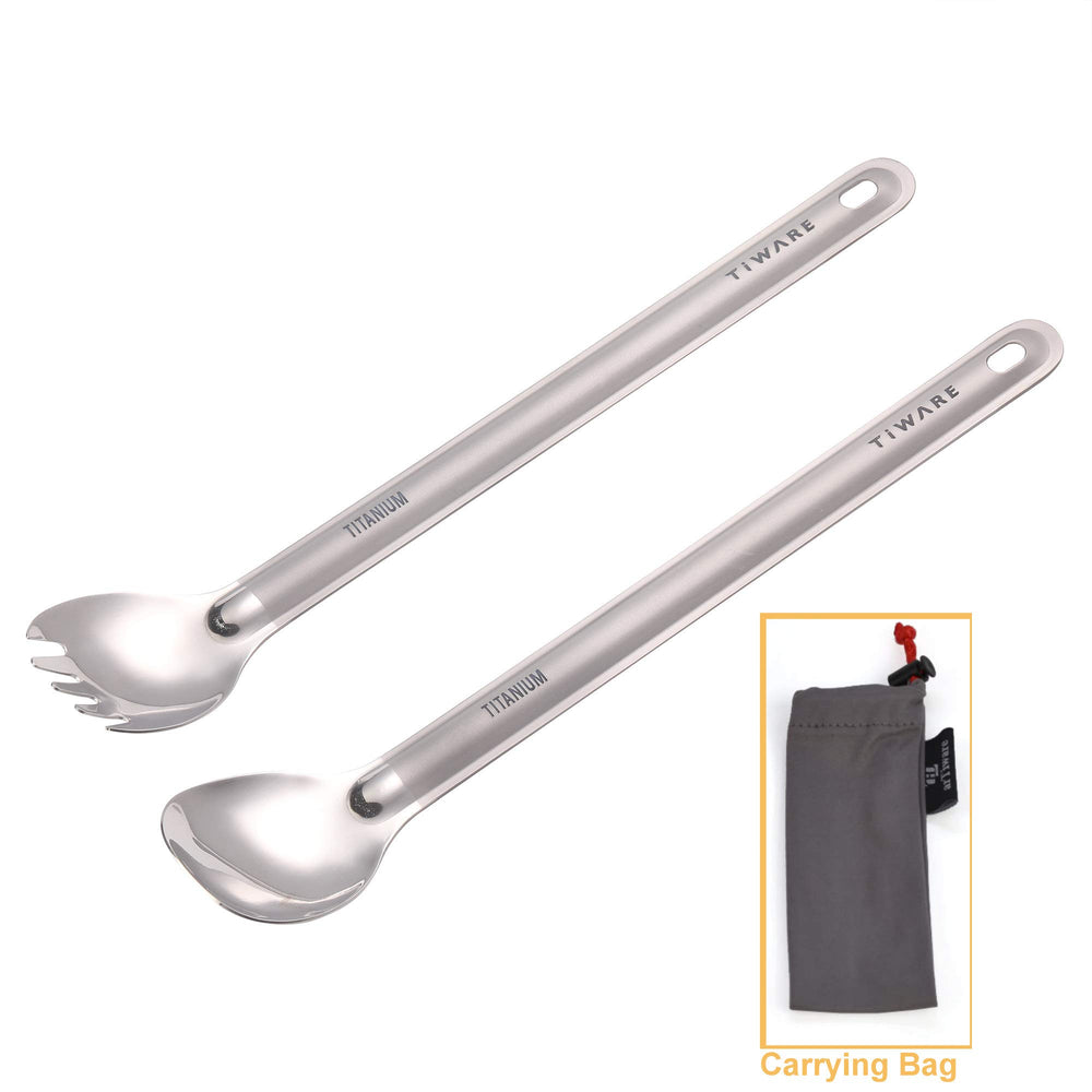 Tiware titanium long-handle spork 2-in-1, combining fork and spoon for outdoor meals.