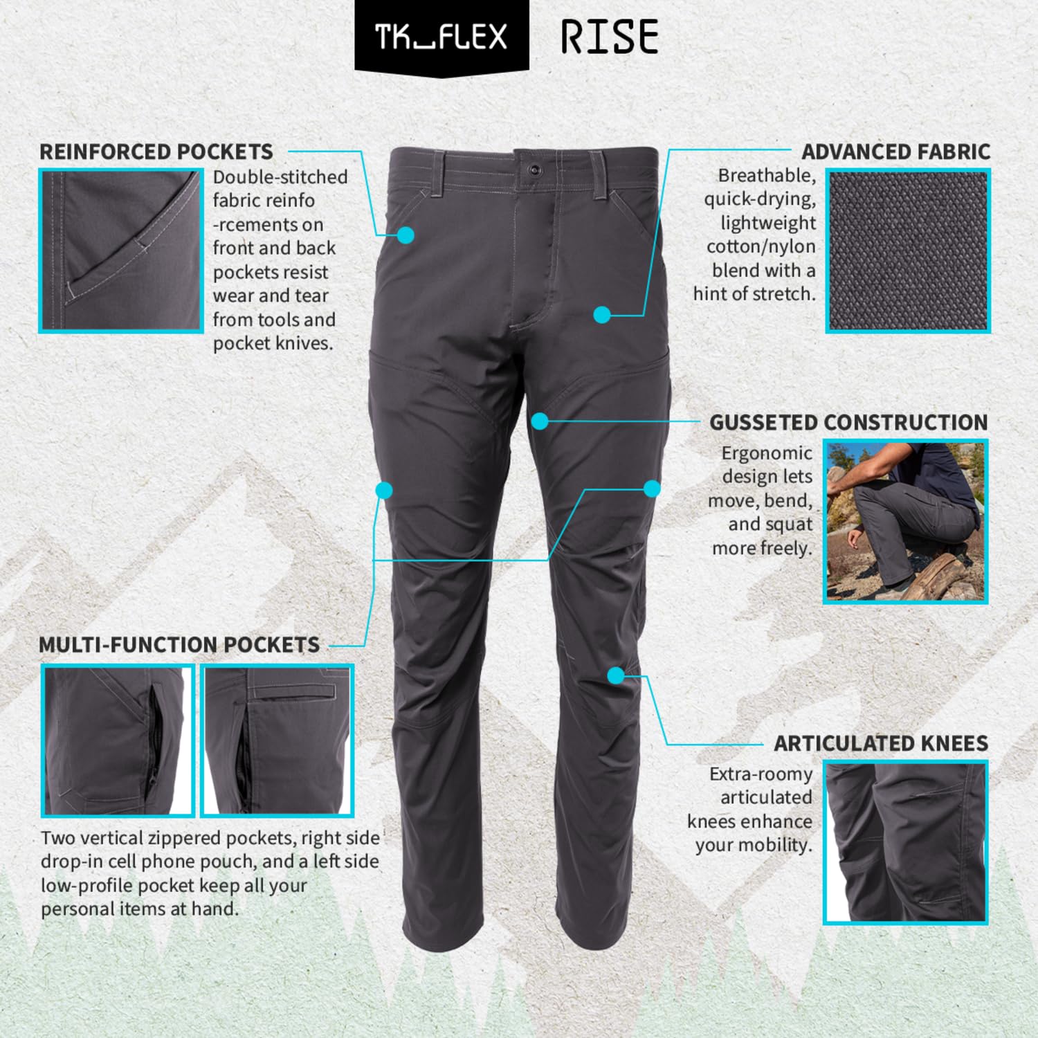 TK Flex Rise fabric closeup reveals water-resistant blend quality