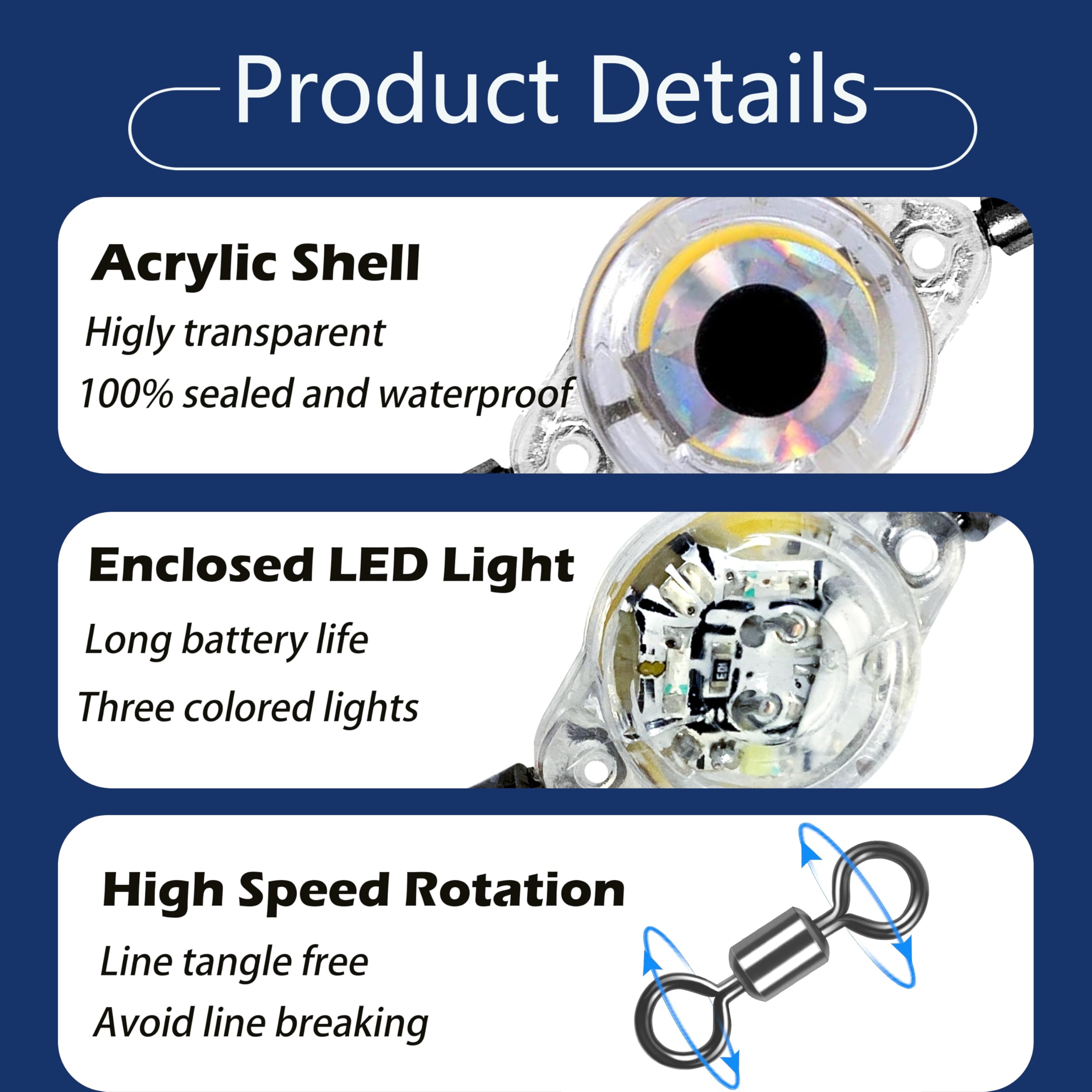 Three-color LED flashes on underwater fishing lure (red, green, white)