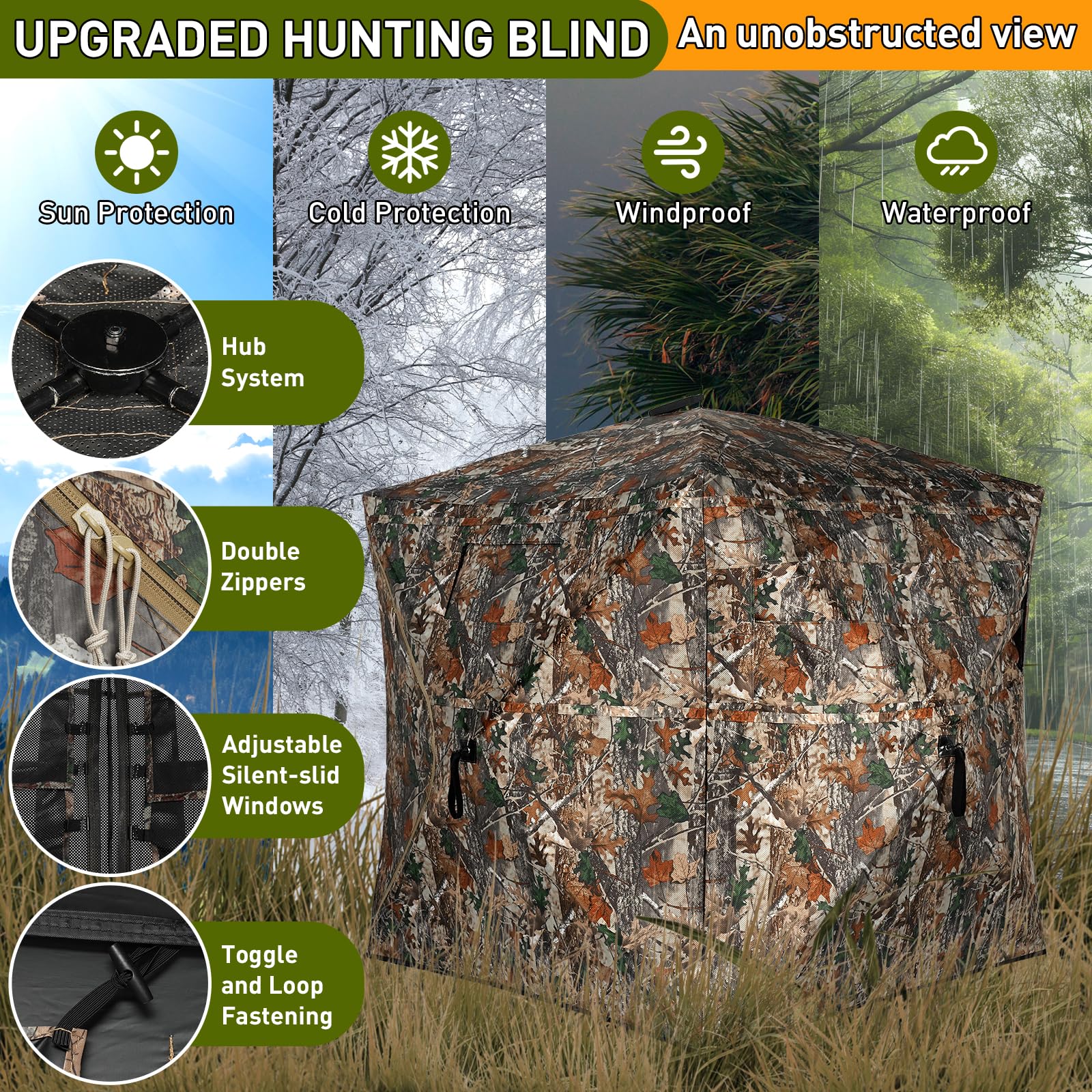 TLC Sport hunting blind ground stakes demonstrate secure setup for windy field conditions.