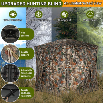 TLC Sport hunting blind ground stakes demonstrate secure setup for windy field conditions.