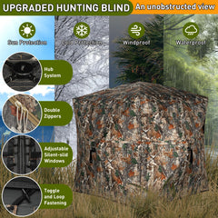 TLC Sport hunting blind ground stakes demonstrate secure setup for windy field conditions.