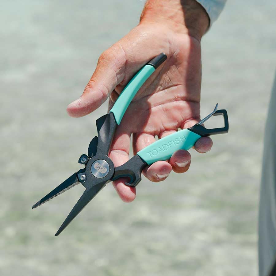 Toadfish 8in Inshore Pliers carbide cutters deliver precise cuts through braided lines.