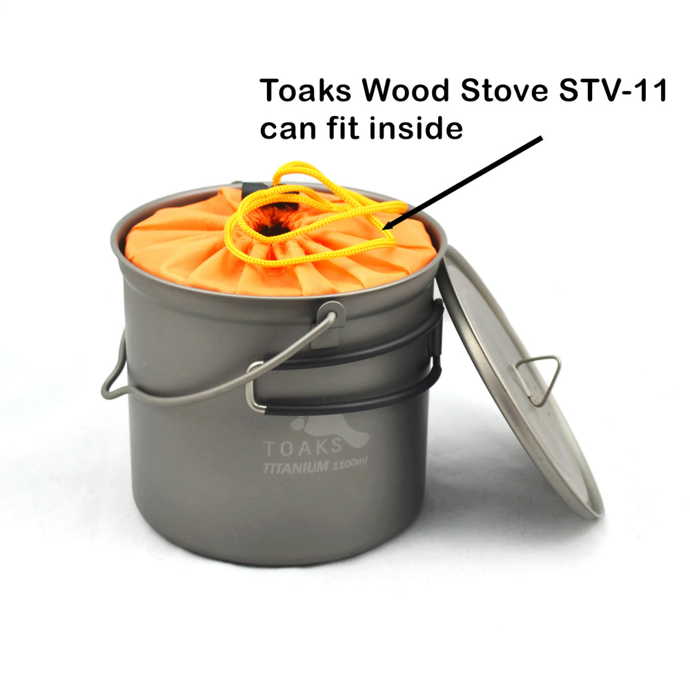 TOAKS compact 1100ml pot fits in backpack kit for minimalist meals.