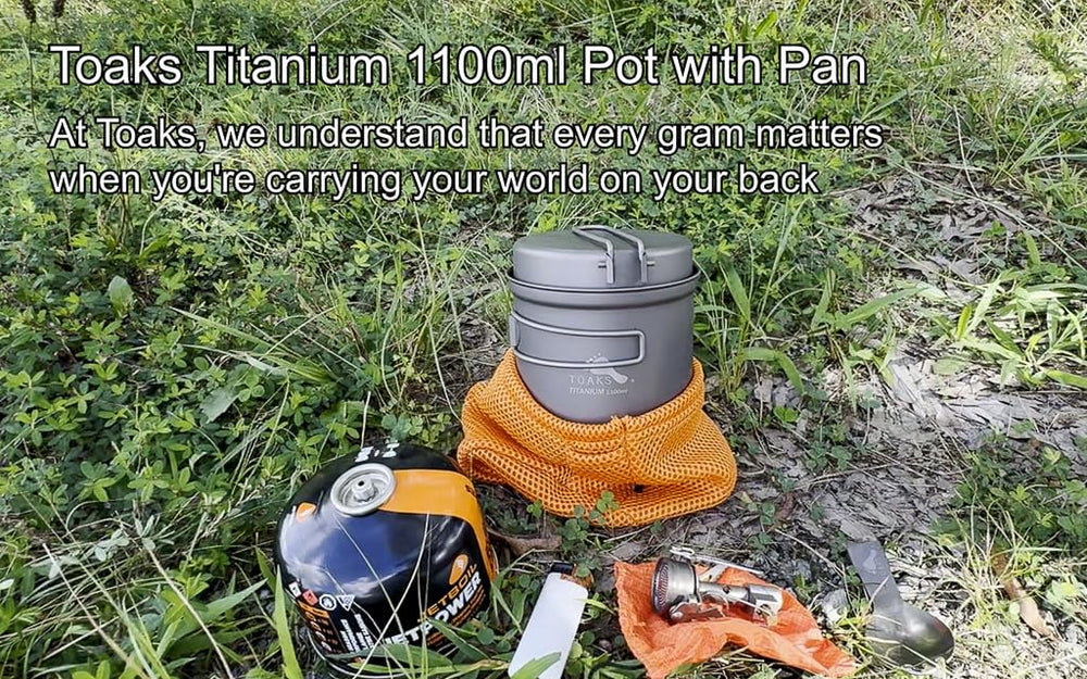 TOAKS Titanium 1100ml pot nesting compatibility shows versatile gear harmony for camp systems.