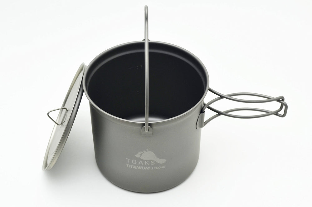 TOAKS titanium 1100ml pot nesting design saves space on backpacking trips.