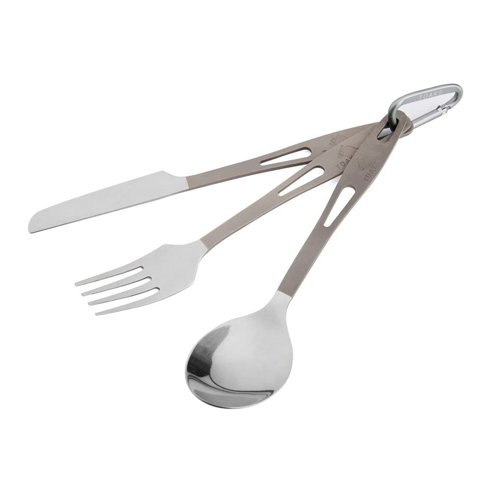 TOAKS titanium 3-piece cutlery set assembled: ready-to-pack with aluminum carabiner.