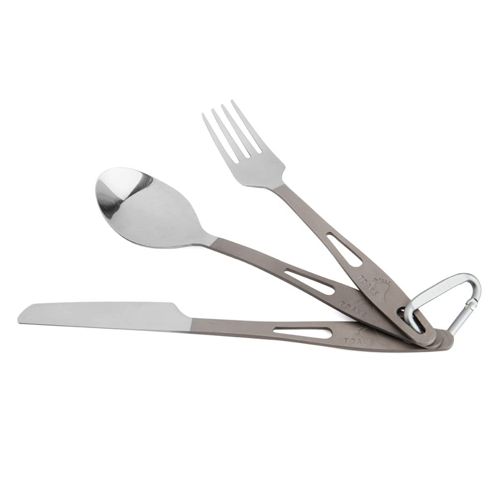 TOAKS titanium 3-piece cutlery set spoon: lightweight and durable for backpacking meals.
