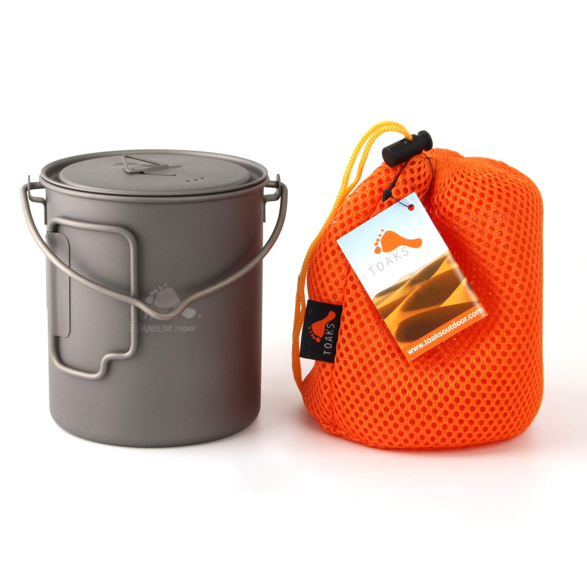 TOAKS titanium 750ml pot with bail handle over campfire for open-fire cooking