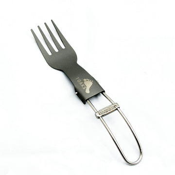 TOAKS titanium folding fork open for backcountry meals, ultralight.