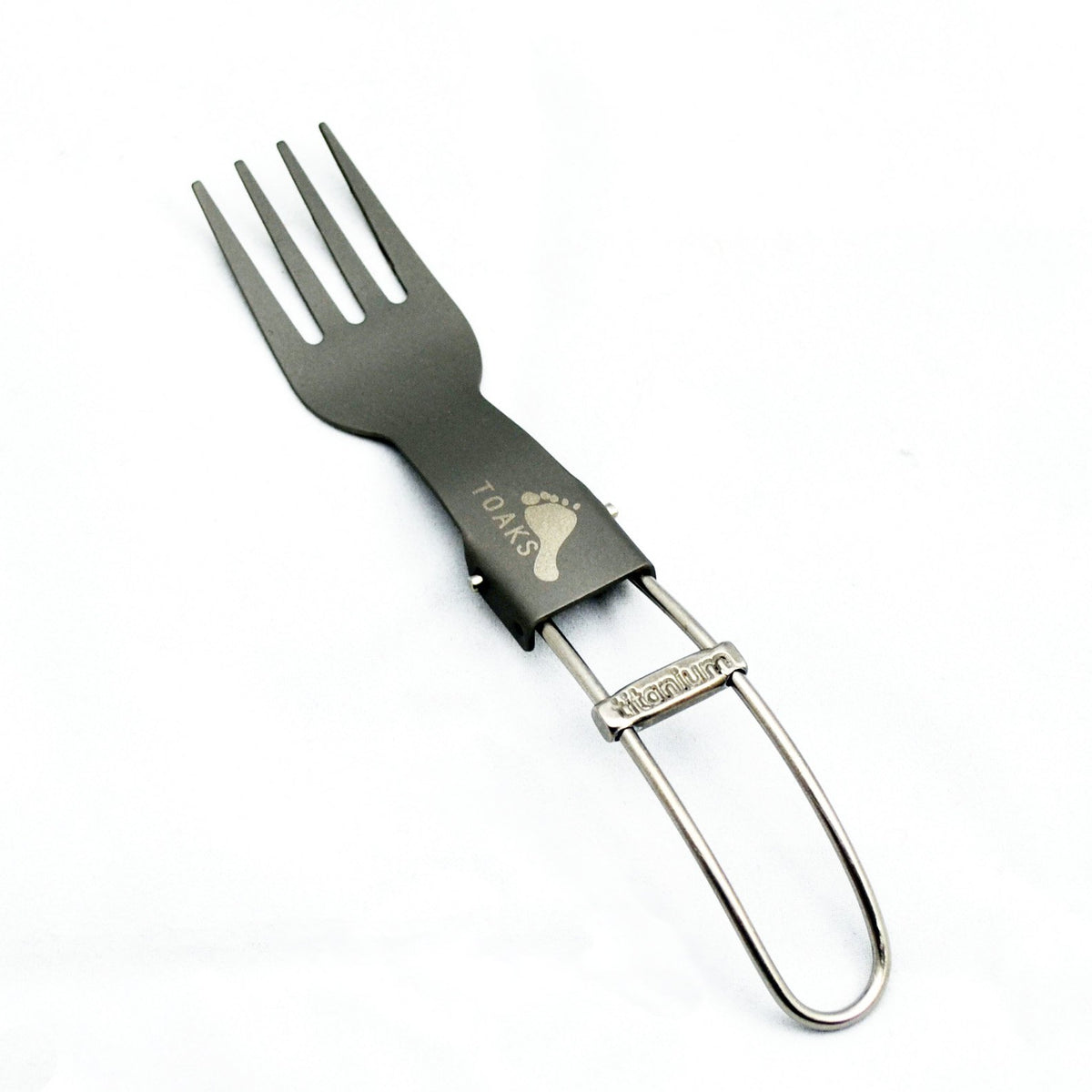 TOAKS titanium folding fork open for backcountry meals, ultralight.
