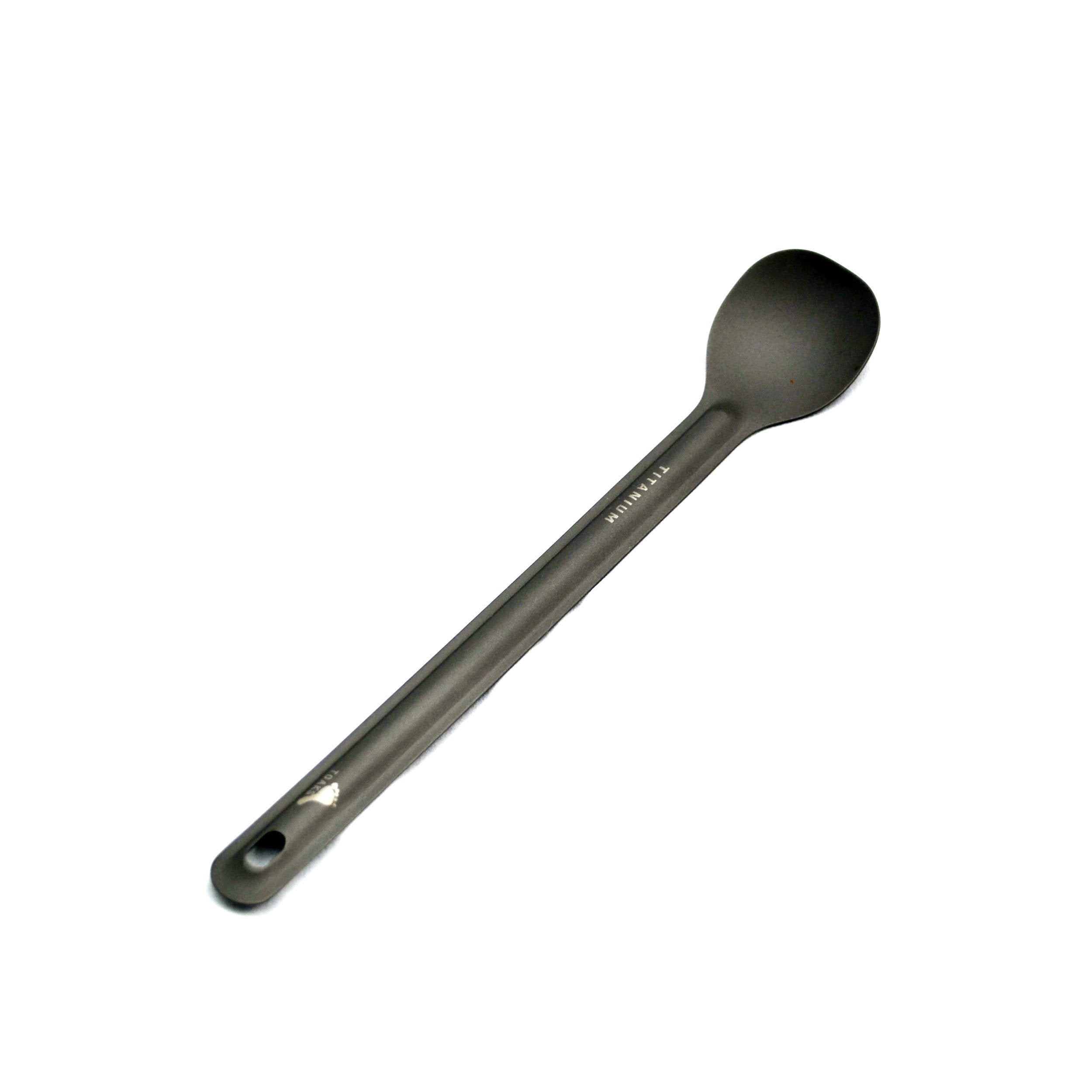 TOAKS titanium long-handle spoon with extended reach for bottle corners.