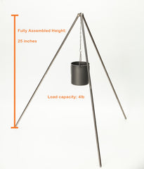 TOAKS titanium tripod with POT-1100-BH provides stable camp cooking support.
