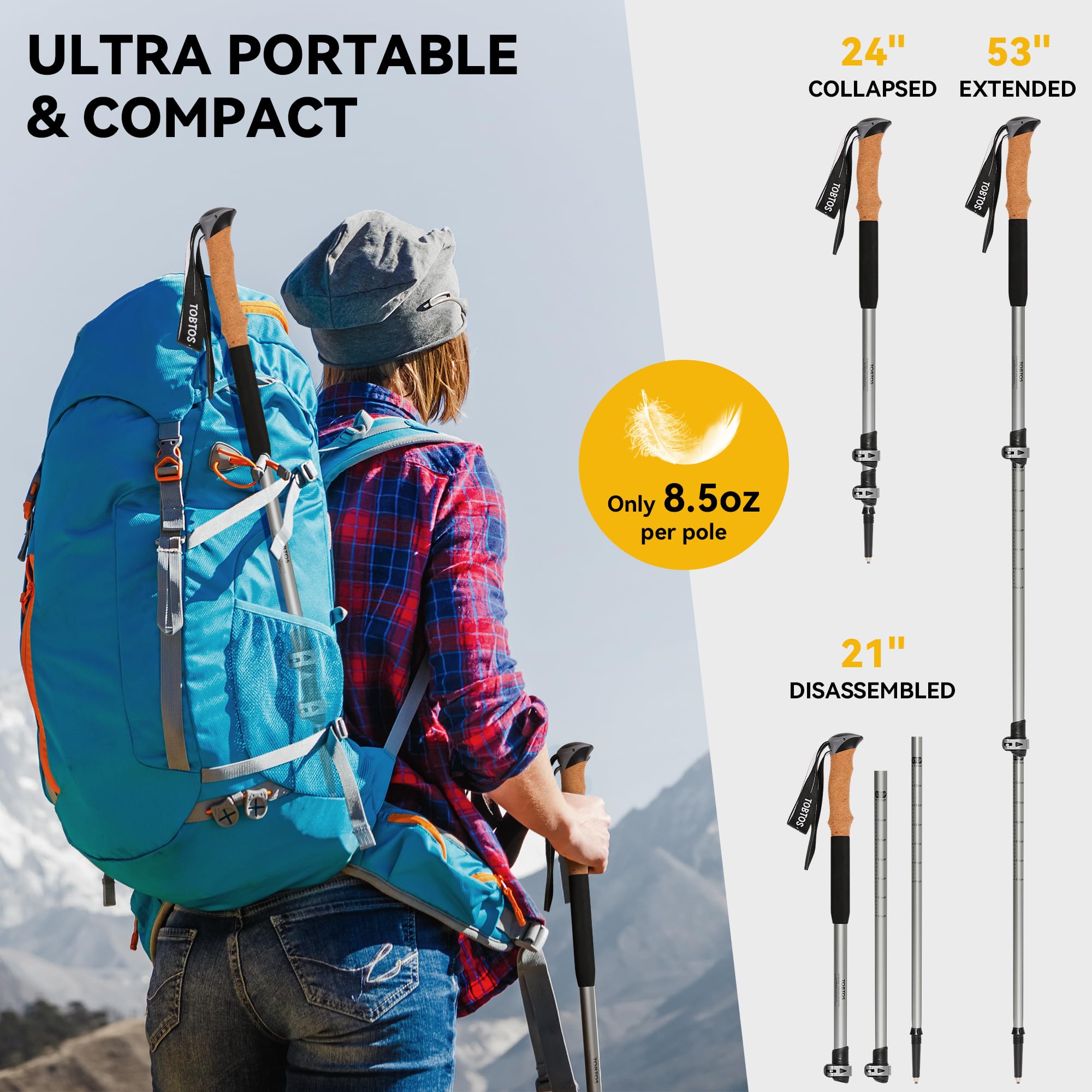 TOBTOS adjustable-height poles set to 60–135 cm for varying terrain.