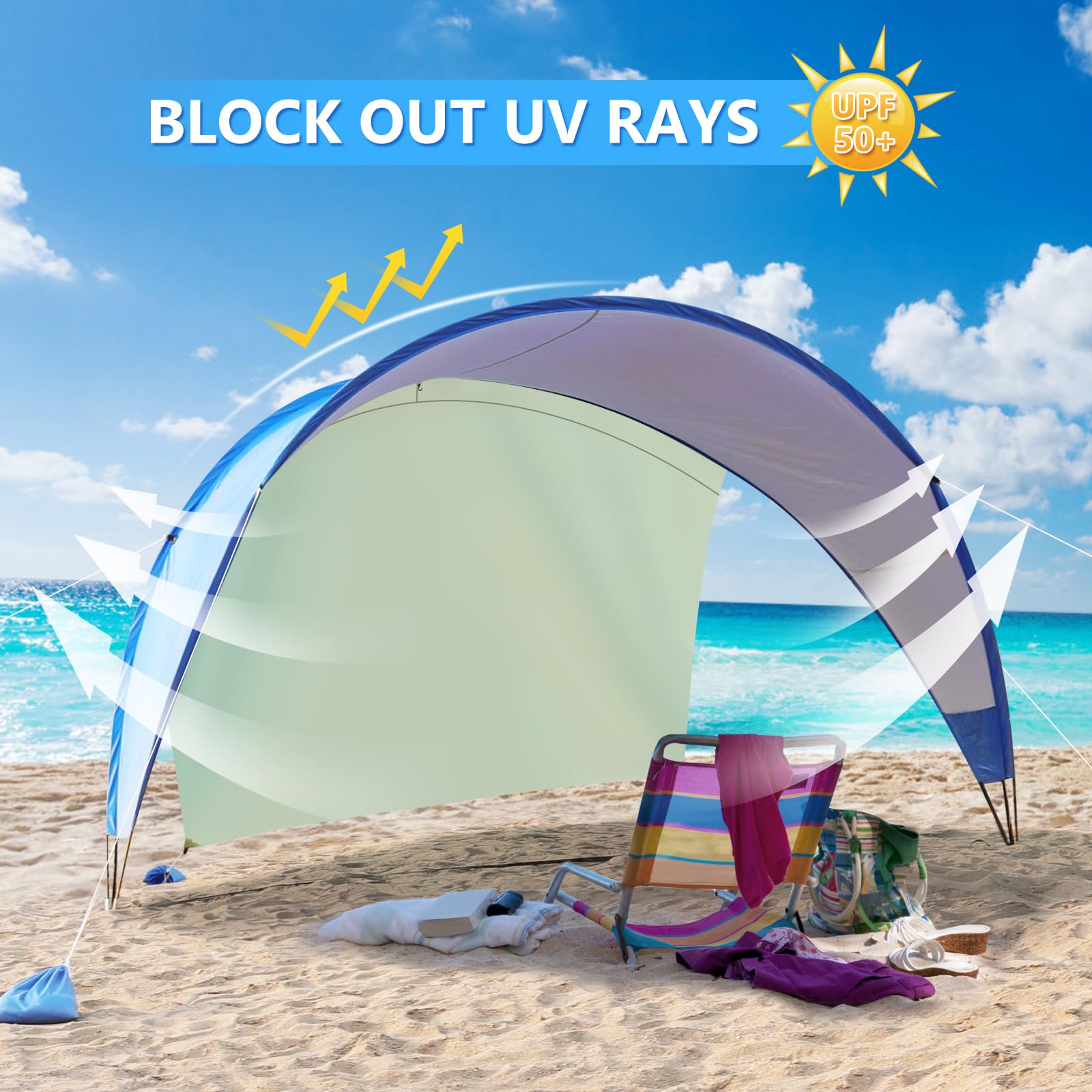 TOBTOS Beach Tent dual-shade design with wind-floating back cloth for flexible shading.