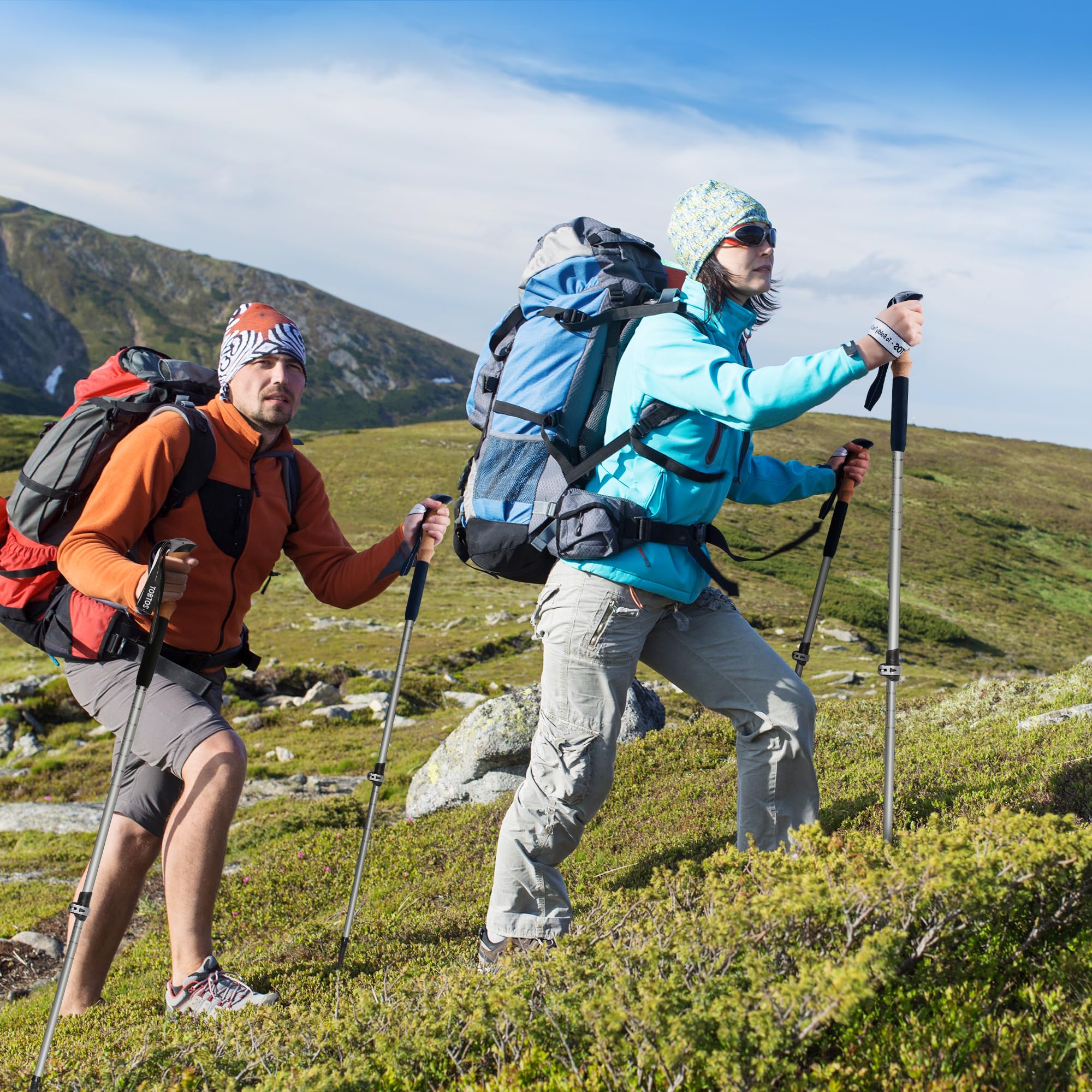 TOBTOS cork grip trekking pole shows ergonomic grip for comfortable long hikes.