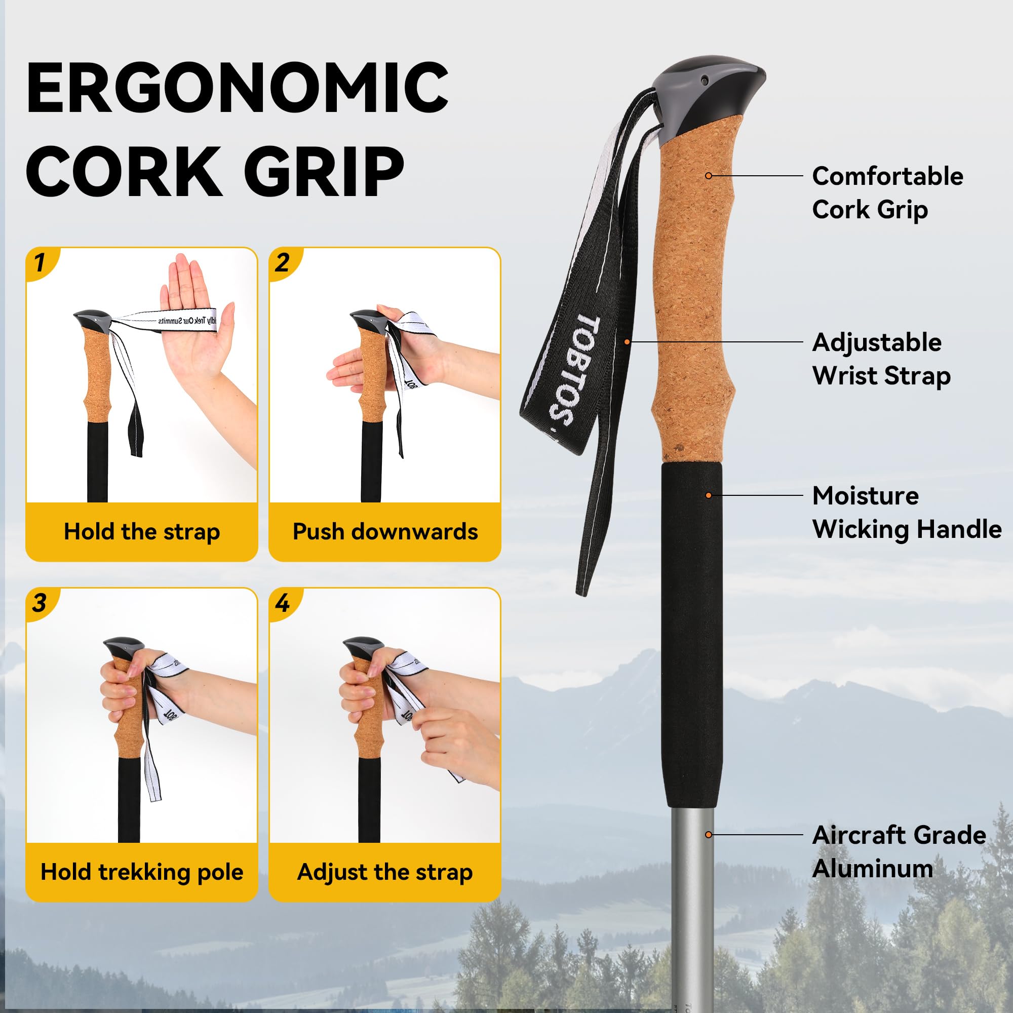 TOBTOS lightweight trekking poles weigh 8.5 oz each for easy travel.