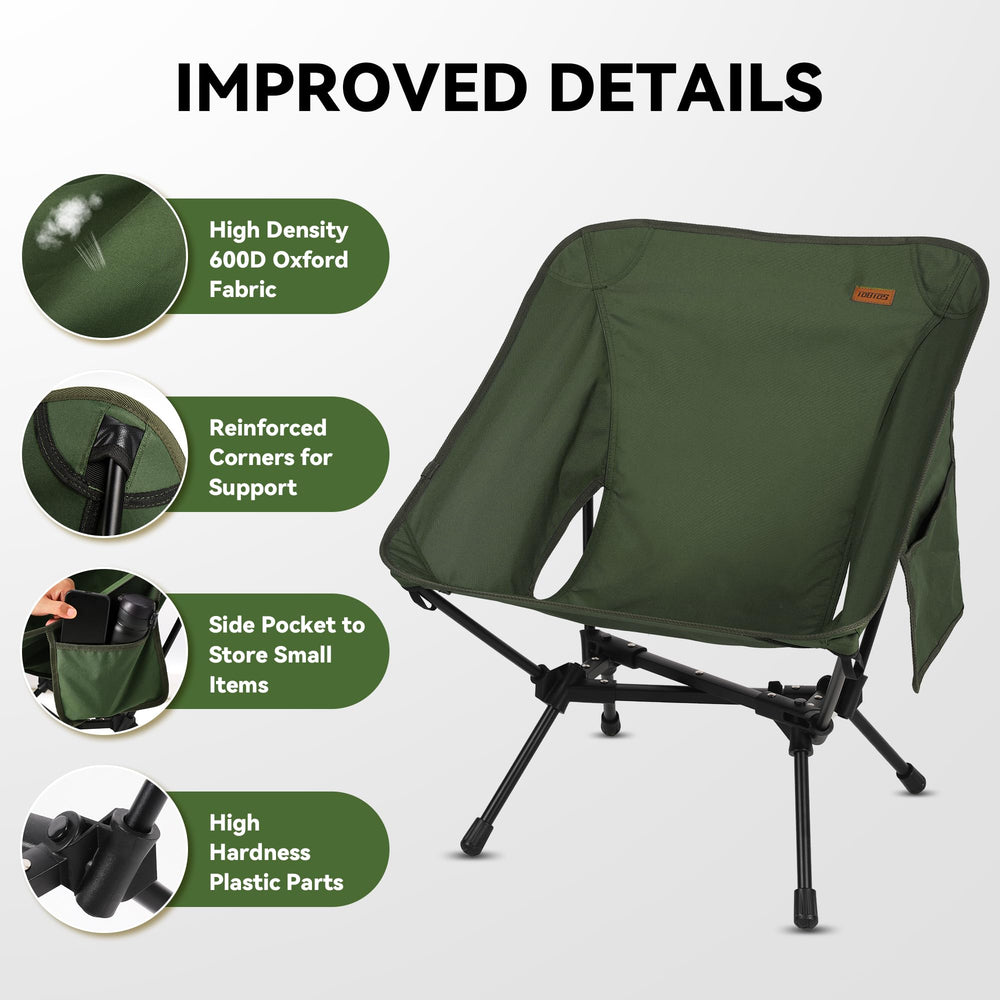 TOBTOS portable camping chair on the beach illustrates compact folding for easy transport.