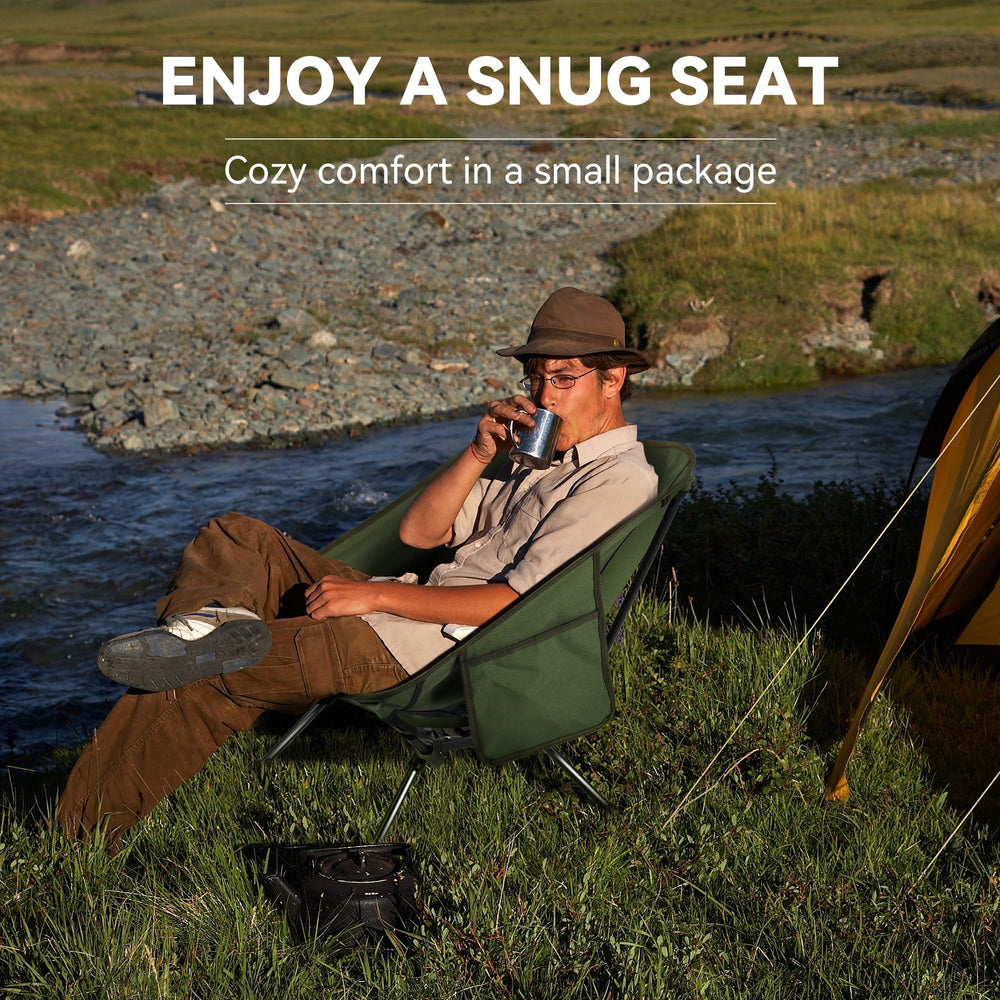 TOBTOS portable camping chair while hiking reflects lightweight packing for backpacking trips.