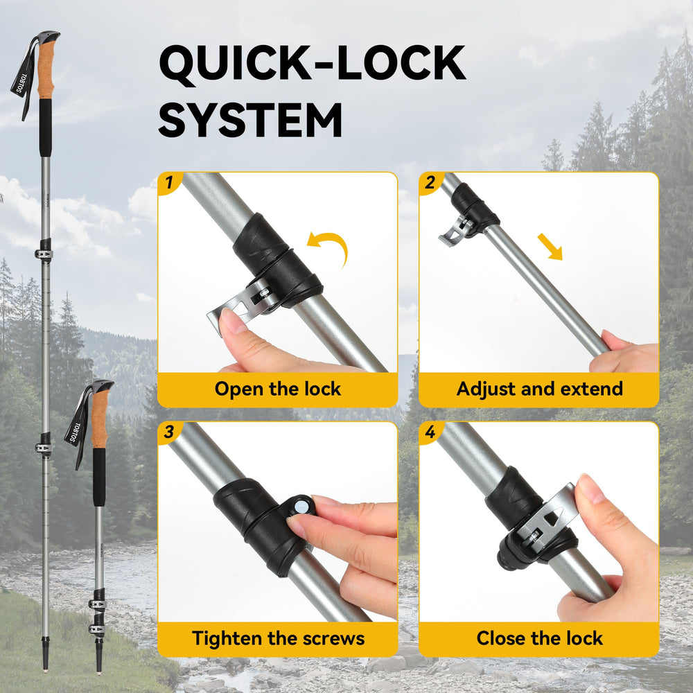 TOBTOS tungsten-tip poles with interchangeable baskets grip mud and snow.