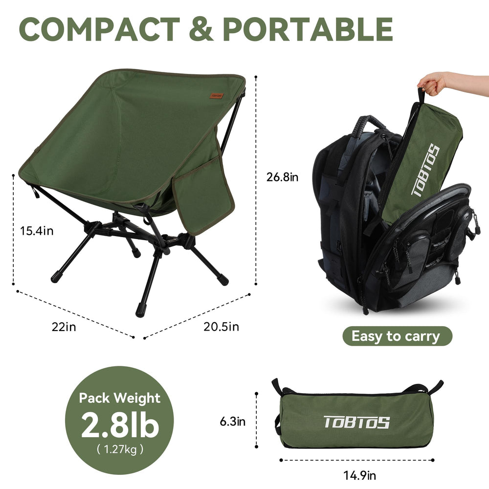 TOBTOS Ultralight camping chair wide seat green forComfortable seating