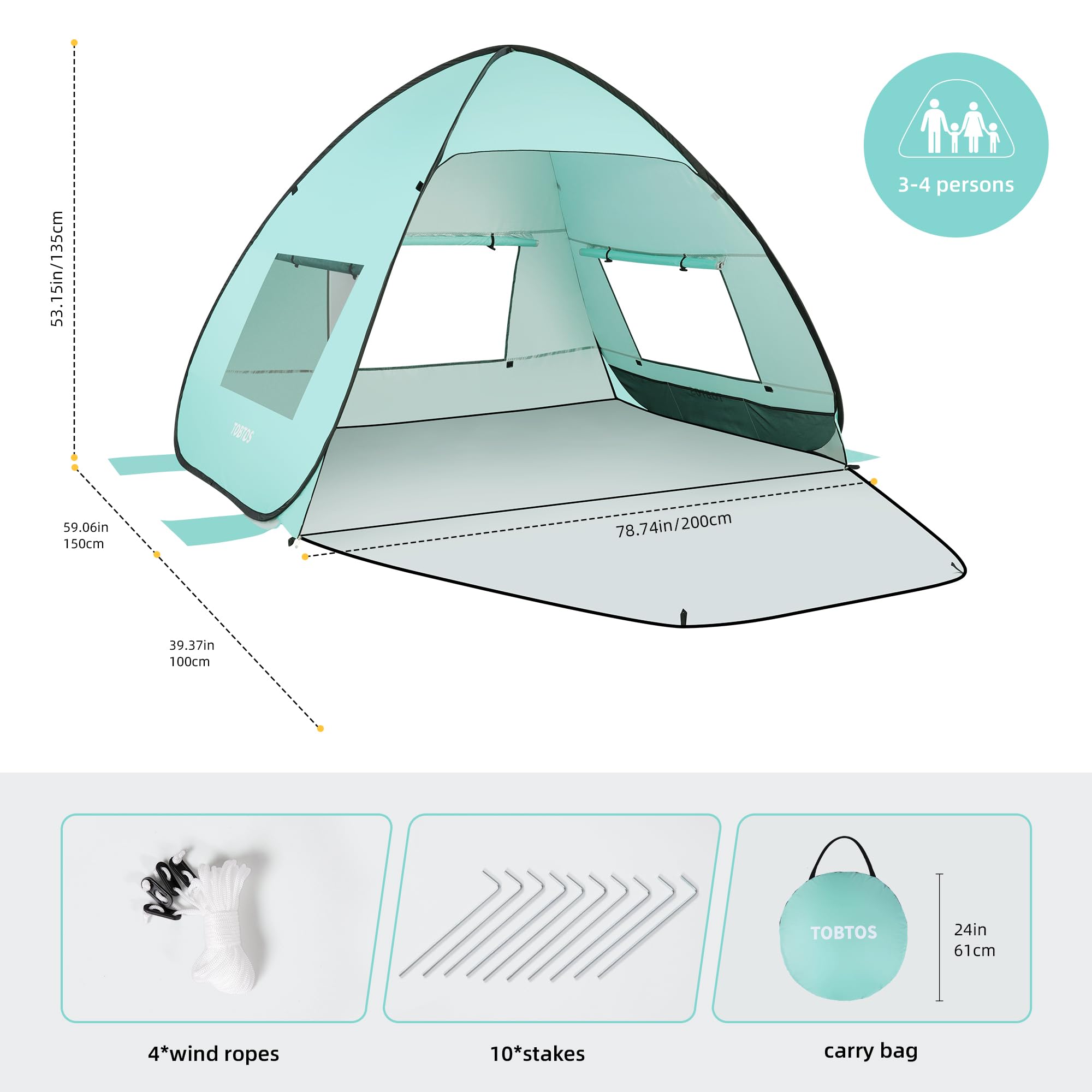 TOBTOS mint green UPF 50+ tent pops up automatically for quick shade.
