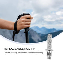 Toddmomy tungsten steel trekking pole tip in use on rugged trail