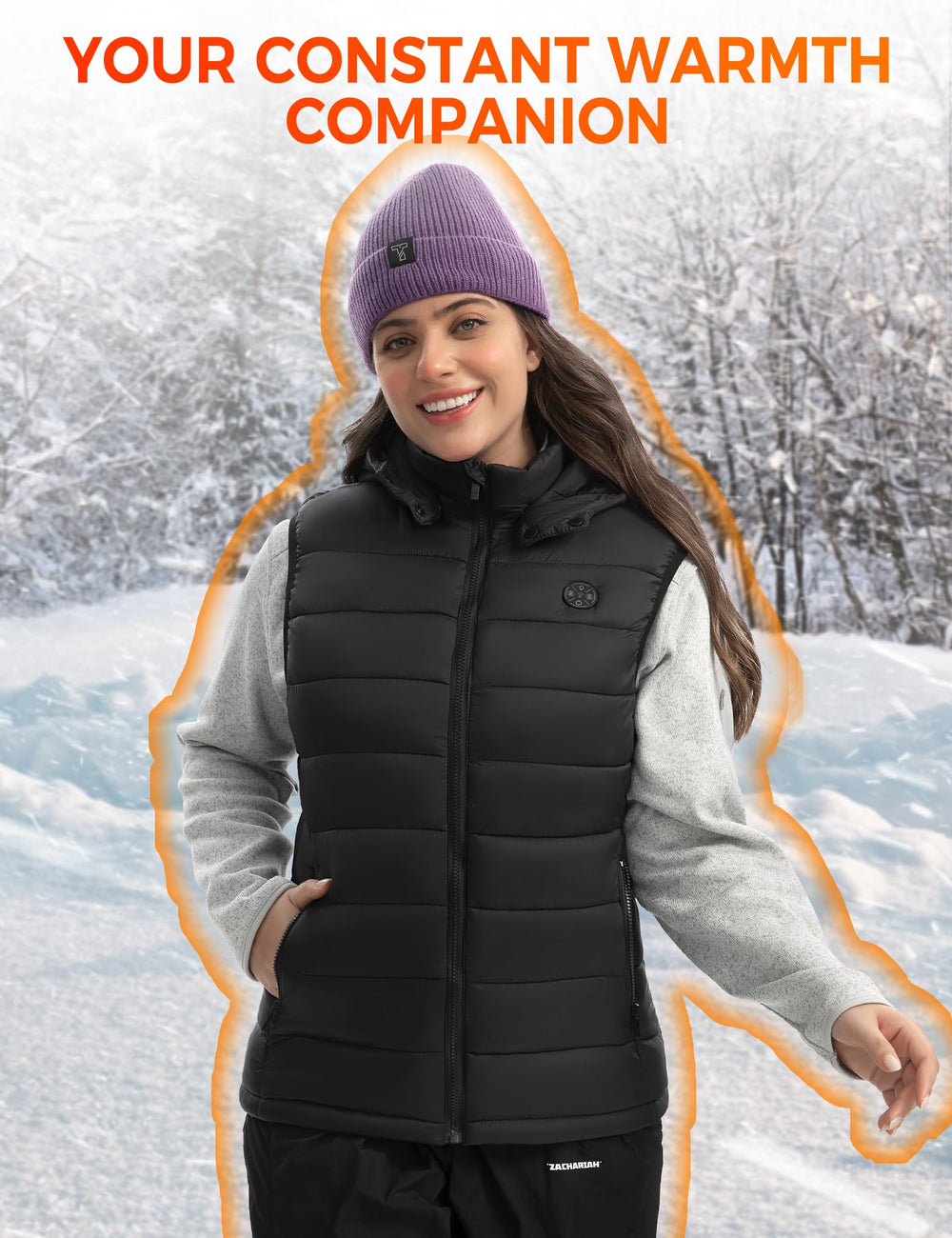 TODWARM heated vest packaging showing included battery, USB cable, and storage bag