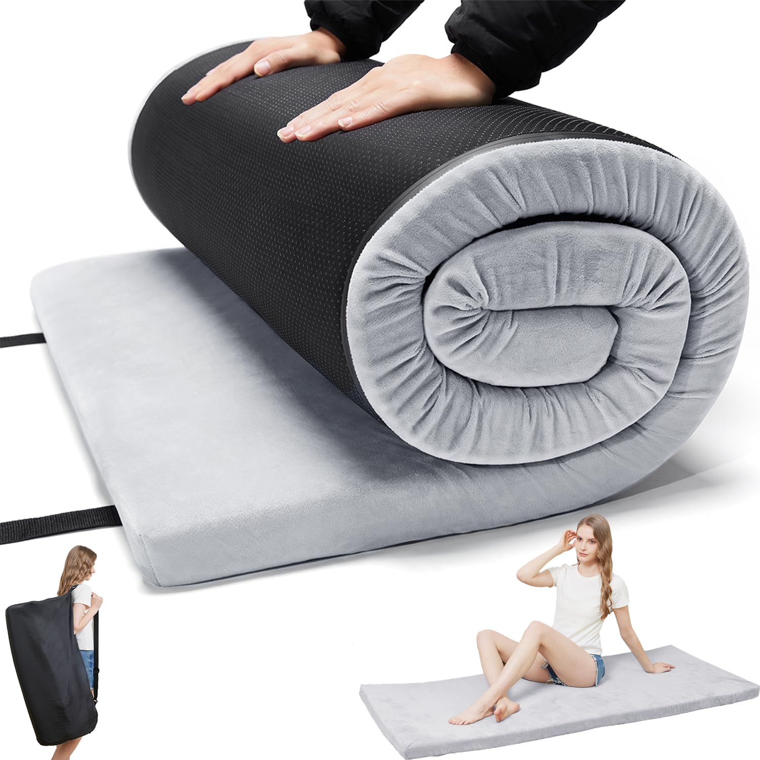TokSay foam camping mattress folded in travel bag for portable comfort on camping trips.